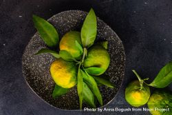 Top view of fresh green tangerines in grey ceramic bowl bxWGM4