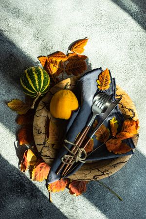 Top view of navy napkin and cutlery on wooden bowl and dried fall leaves
