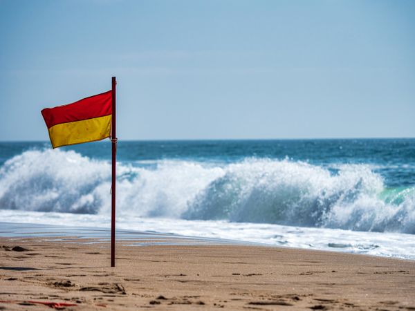 A restrictive flag is stuck in the sand on a beach on the ocean.