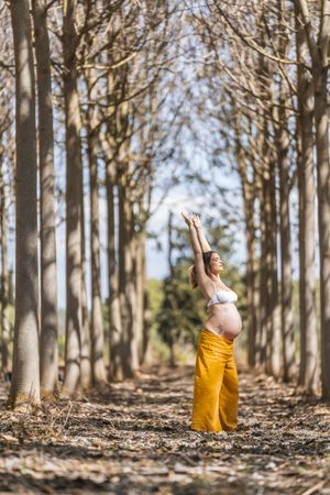 Concentrated adult expectant mother practicing yoga in park