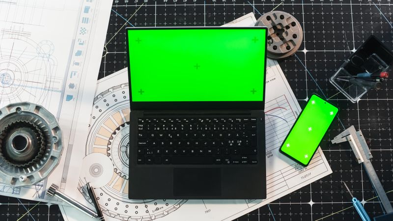Top Down View of a Laptop Computer with Mock Up Green Screen Standing on an Industrial Office Desk Next to a Smartphone with a Template Chromakey Display with Isolated Area.