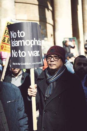 London, England, United Kingdom - March 19 2022: Man with “No to Islamaphobia" sign