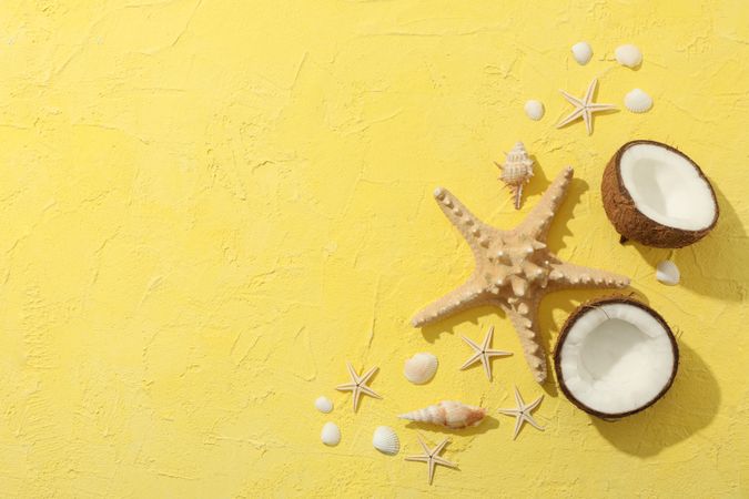 Starfishes, coconut and seashells on yellow background, space for text