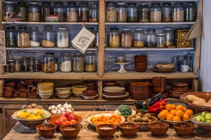 Old village cellar with spices, vegetables and fruits
