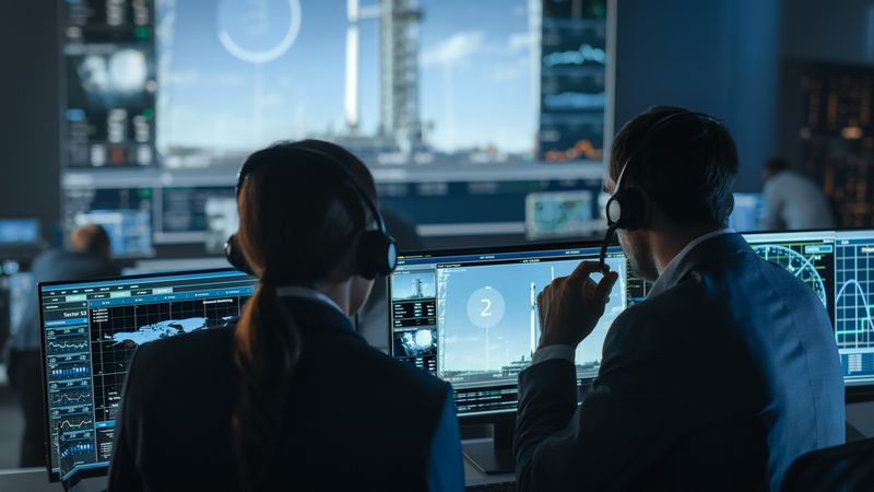 Space Mission Specialists Monitor Rocket Launch Preparations on Multiple Screens.