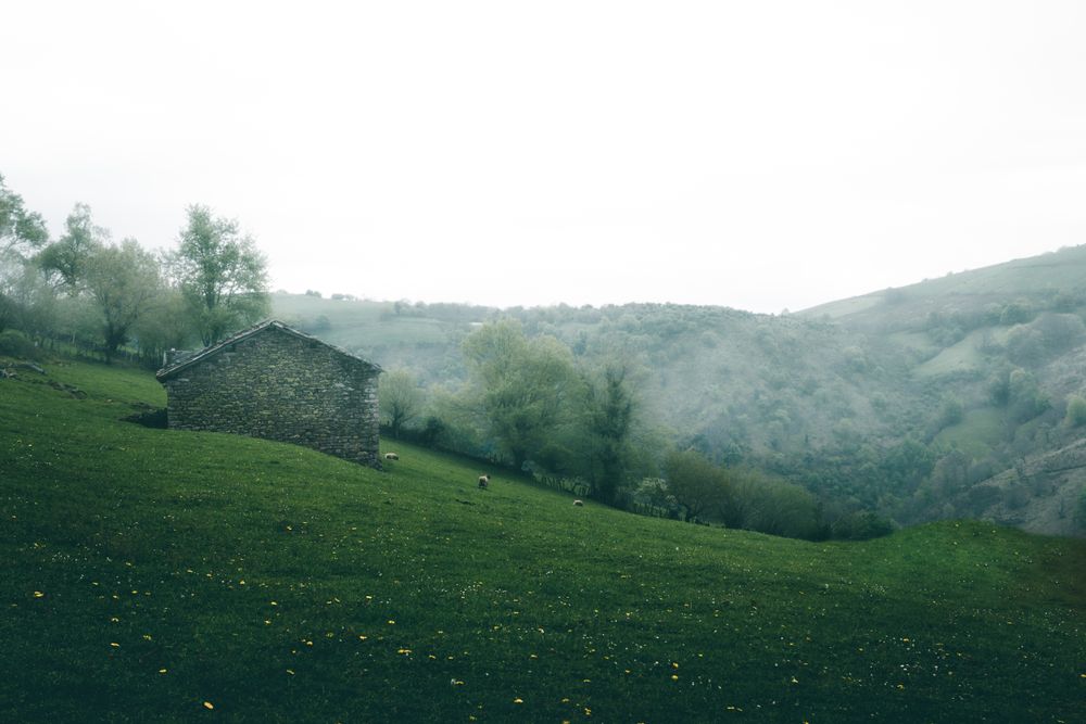 Stone house on hillside on foggy day
