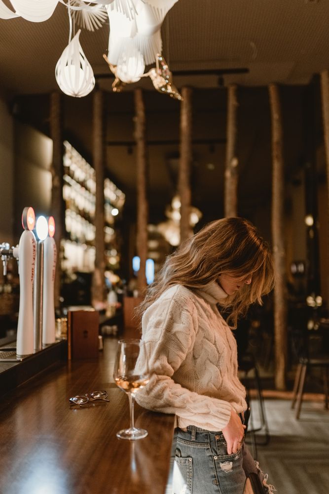 Stylish woman drinking wine in bar
