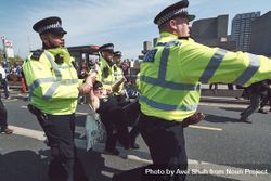 London, England, United Kingdom - April 19th, 2019: British police carrying protestor through street 4268m4