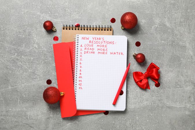 Concept of New Year Resolutions list, new year goals, top view