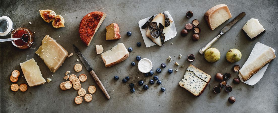 Wine snack variety, top view, wide composition