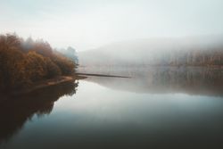 Tranquil water of lake in mist