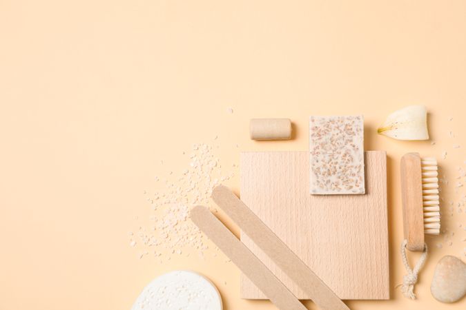 Flat lay of creative moodboard composition, space for text