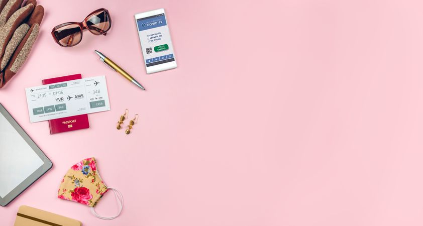 Set with mobile covid passport and businesswoman trip accessories