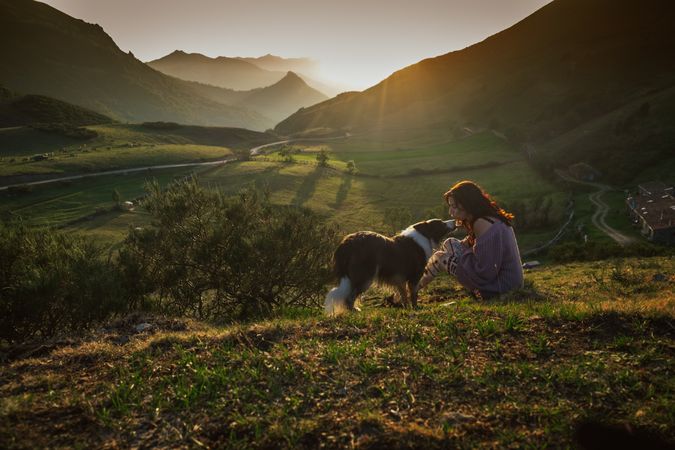 Adult tourist with dog against green forested valley under clear sky in summer