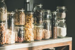 Rustic kitchen food storage arrangement, on counter