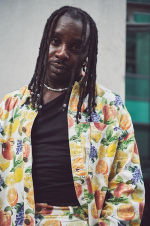 London, England, United Kingdom - September 18 2021: Man in fruit pattern shirt