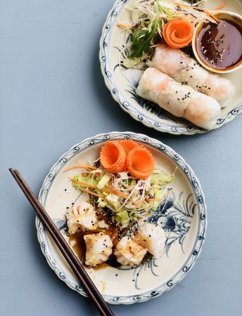 Top view of spring rolls and dumplings with dipping sauce, copy space