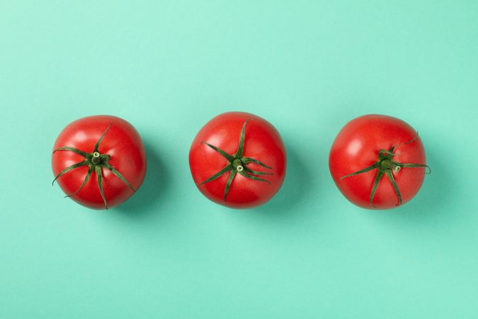 Ripe tomatoes on mint background, top view