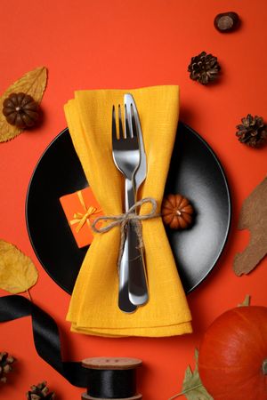 Concept of Thanksgiving day, Autumn table setting, top view