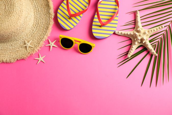 Summer vacation composition on color background. Space for text, top view