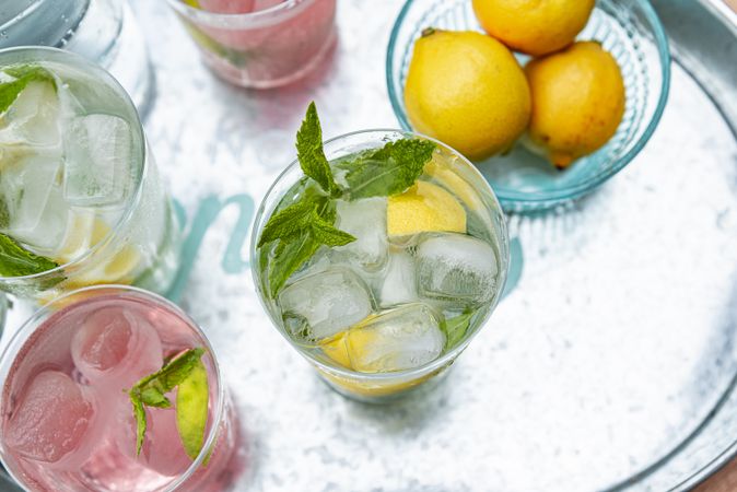 Summer drinks closeup- water with ice lemon and mint