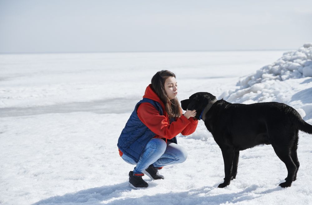 Young adult woman outdoors having fun with her dog in the snow