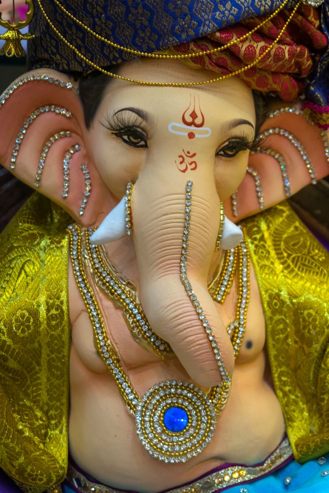 A beautiful idol of Lord Ganpati on display at a workshop in Mumbai, India for the festival of Ganesh Chaturthi