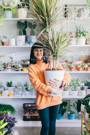 Woman holding big plant in flower pot.