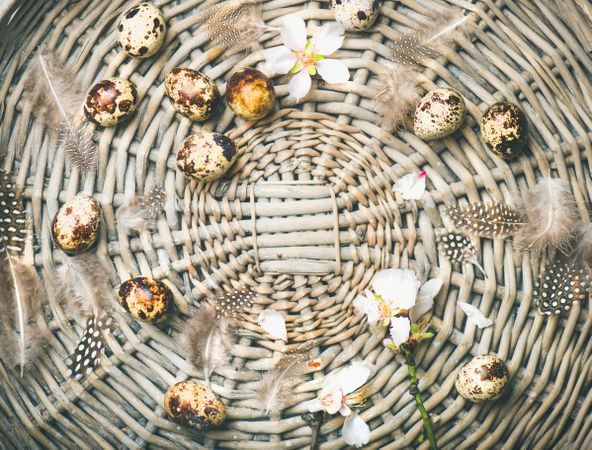 Top view of quail eggs on top of basket