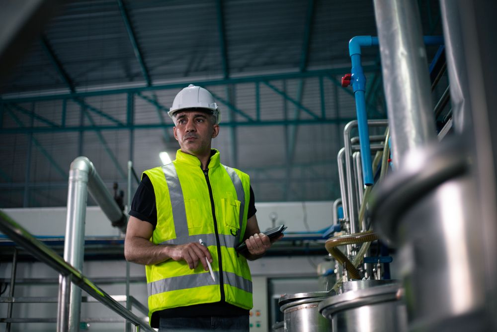 A male industrial engineer wearing a safety helmet and reflective vest is inspecting equipment in a factory. He is using a digital tablet to review data. Background show industrial pipes and machinery