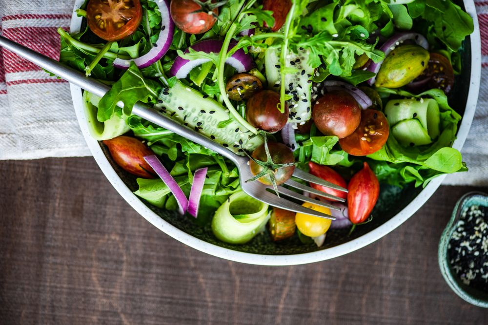 Top view of tresh vegetable salad for lunch