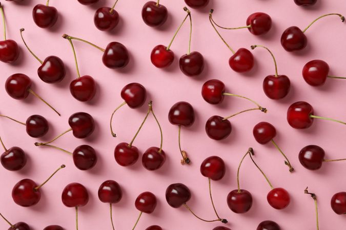 Ripe juicy cherry fruits on a pink background