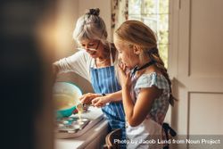 Grandmother teaching grandchild how to bake cupcakes 5QV1E4