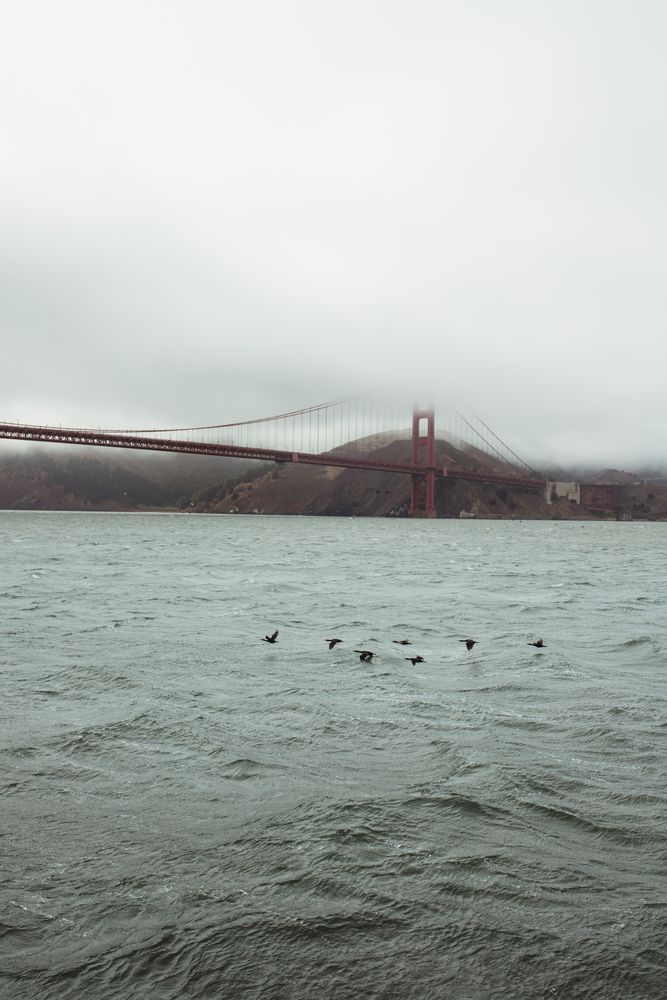 Red bridge construction over wavy dark water
