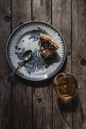 Cottage cheese pudding and glass of cognac