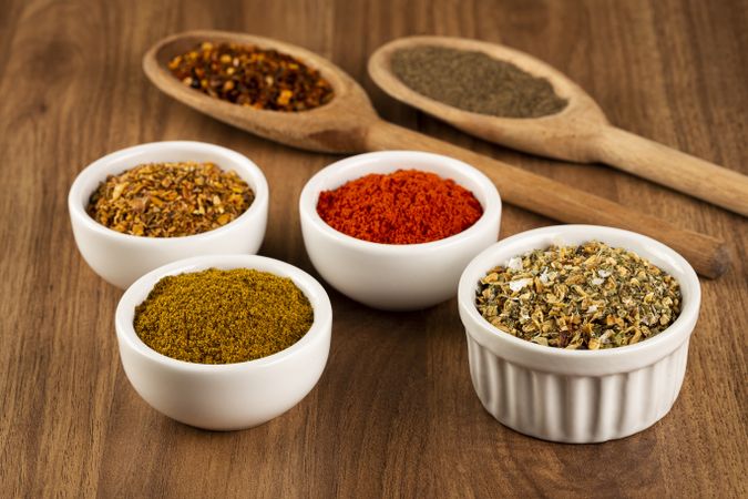 Variety of spices and seasonings on the table.
