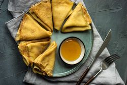 Top view of plate of pancakes with knife and fork