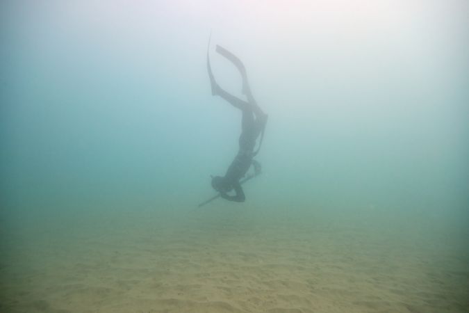 Anonymous diver with harpoon diving into sea