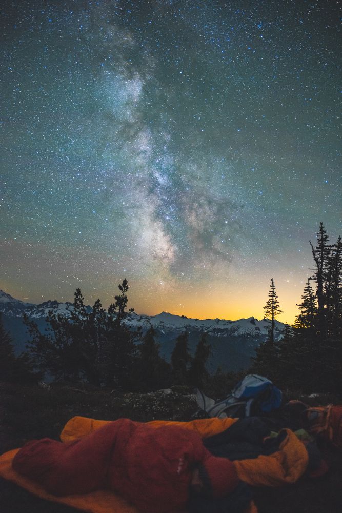 People sleeping in sleeping bags under starry night