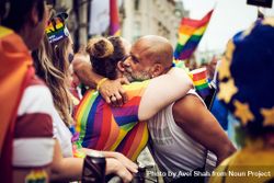 London, England, United Kingdom - July 7th, 2019: Man and woman embrace at Pride 5Q2Mg4