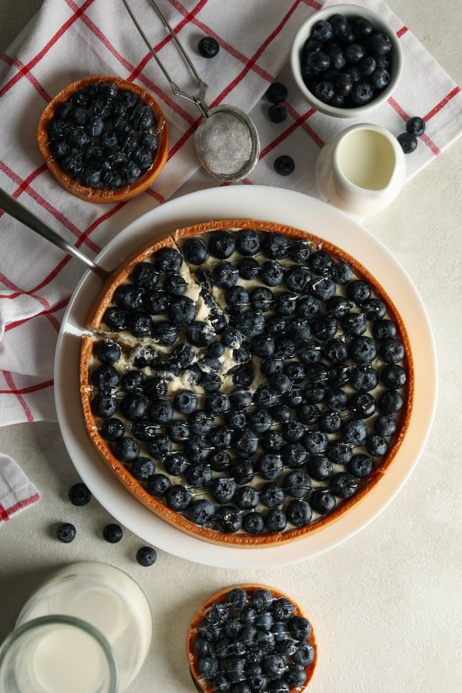 Concept of tasty lunch with blueberry pie on light background