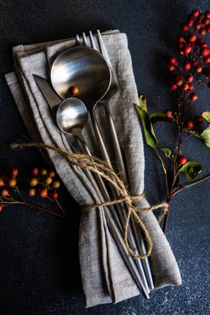 Autumnal napkin and silverware with wild red berries