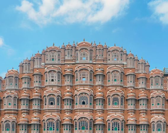 wide front view of the hawa mahal façade jaipur