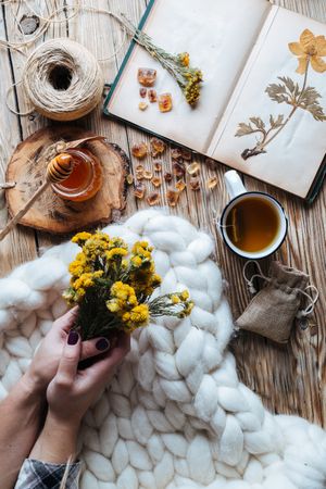 Crop hands holding flowers near honey and tea