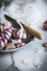 Close-up of a plate of garlic