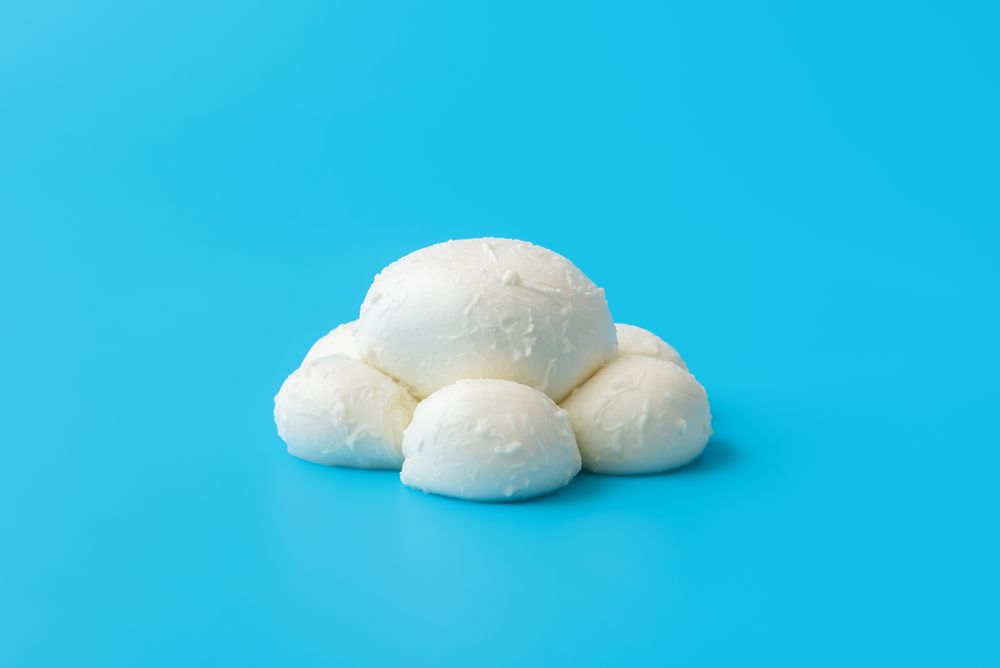 Mozzarella balls isolated on a blue background