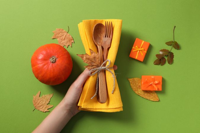 Concept of Thanksgiving day, Autumn table setting, top view