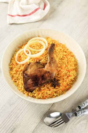 Close Up Nasi Kebuli Ayam or Arabic Chicken Pilav