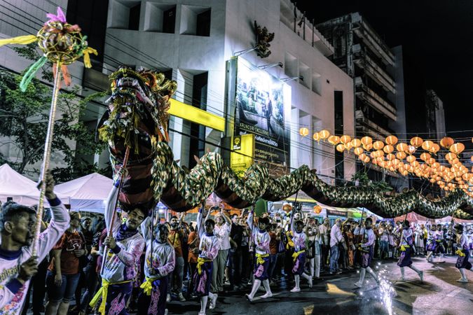 Dragon dance parade during Chinese New Year in Bangkok at night