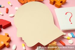 Close up of paper cut out of side view of head with medications and puzzle pieces on pink background 0vZ870